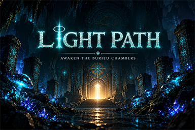 Light Path — ışıldayan kristallerle dolu karanlık bir kalıntı ve uzakta aydınlanan kapı